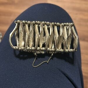 Vintage RARE Trifari Double Row Feather Ladder Link Bracelet Bangle Cuff